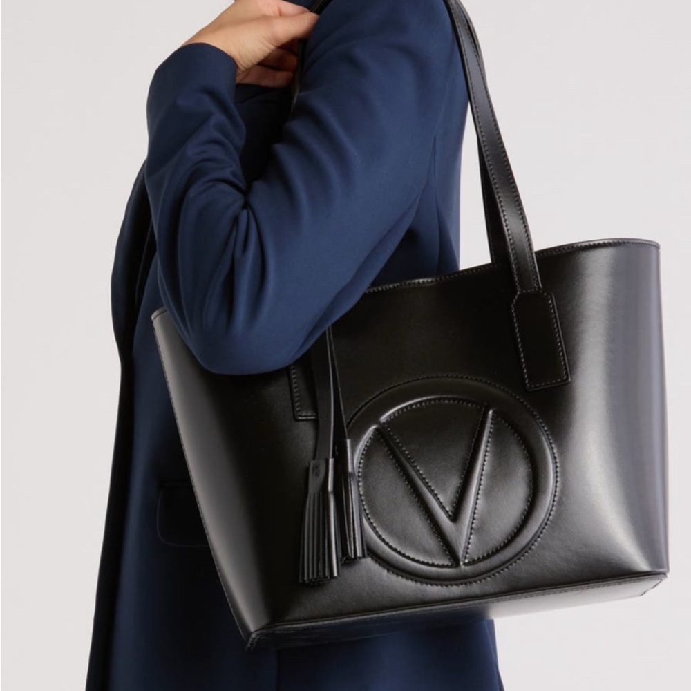 Mario Valentino Black Leather Tote with Tassel